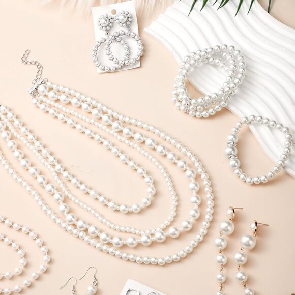 8 Pcs Faux Pearl Jewelry Set include Necklace Earrings Bracelets Women Gift - Picture 7 of 7